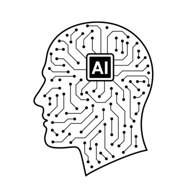 Ortasında bilgisayar çipi olan bir beynin siyah beyaz görüntüsü. Bu görüntü yapay zeka fikrini temsil ediyor.