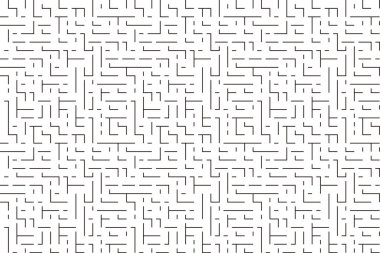 Siyah beyaz bir labirent gösteriliyor. Labirent çok karmaşıktır ve çok farklı şekil ve boyutlara sahiptir. Labirent çok detaylı ve farklı yerlere giden birçok farklı yolu var.