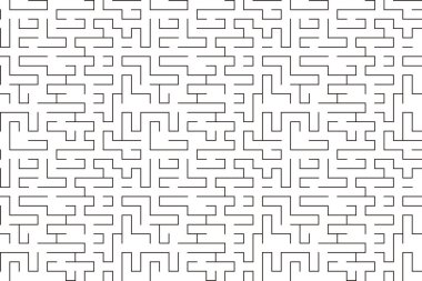 Siyah beyaz bir labirent gösteriliyor. Labirent çok karmaşıktır ve çok farklı şekil ve boyutlara sahiptir. Labirent çok detaylı ve farklı yerlere giden birçok farklı yolu var.