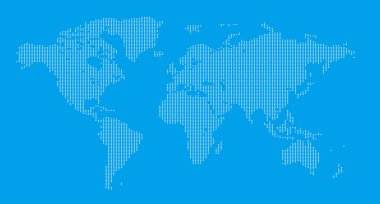 Beyazlı bir dünya haritası olan mavi bir arka plan. Harita küçük karelerden oluşur.