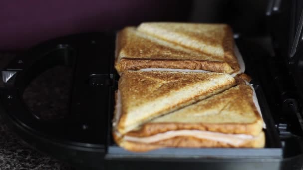 从三明治制造机里取出2个烤全麦三明治 — 图库视频影像