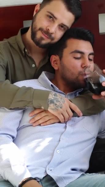Happy Latin Gay Couple Hugging Drinking Glass Red Wine — Stockvideo