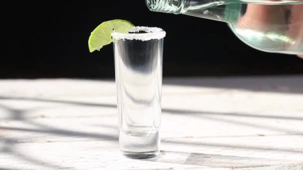 Close Slow Motion Bottle Serving Shot Tequila Mezcal — Vídeo de Stock