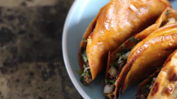 High Angle Slider Crispy Birria Tacos Mexican Food — Vídeo de stock