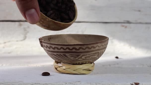 Widok Przodu Kawy Rolnik Wylewanie Świeżo Prażone Ziarna Kawy Miski — Wideo stockowe