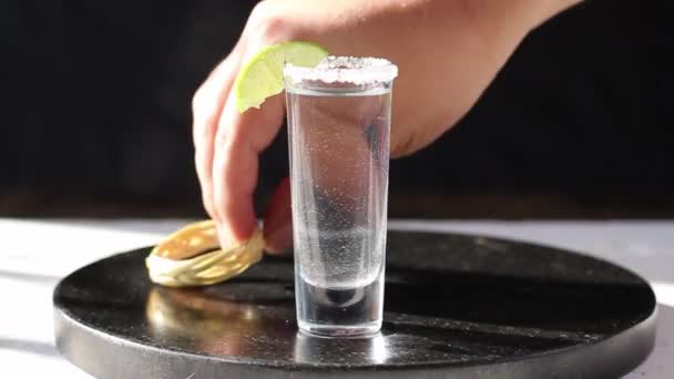Bartender Putting Different Drinks Different Glasses Tequila Mezcal Vodka — Vídeo de Stock