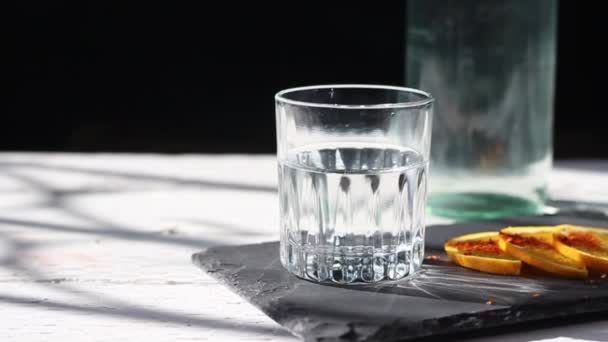 Slow Motion Slider Clear Liquor Tequila Vodka Mezcal Fancy Glass — Vídeos de Stock