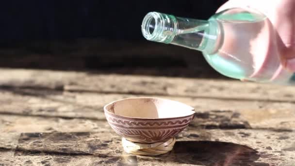 Bartender Pouring Shot Mezcal Jicara Bowl Handmade Engraving Silver Tequila — Vídeo de Stock