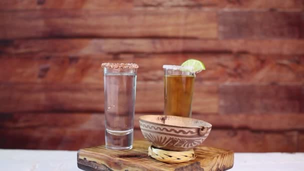 不同类型玻璃中的黄金 银和梅斯卡龙舌兰酒 墨西哥酒 — 图库视频影像