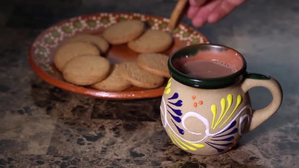 Slow Motion Person Dipping Cookie Hot Chocolate Drink Traditional Mexican — Stock Video