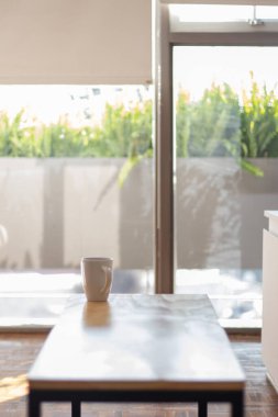 Beyaz kupa modern bir oturma odası masasında oturuyor. Vitrindeki yemyeşil bitkileri gösteren doğal ışıkla aydınlatılıyor.