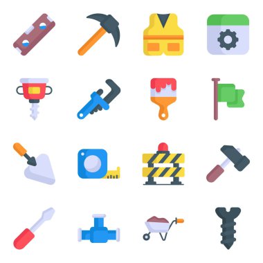 Uluslararası İşçi Bayramı ve Endüstri araç simgesi seti. Düz vektör tasarımı.