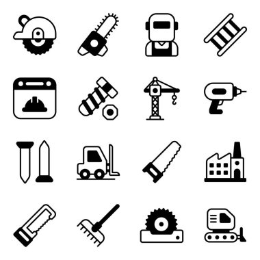 Uluslararası İşçi Bayramı ve Endüstri araç simgesi seti. Düz vektör tasarımı.