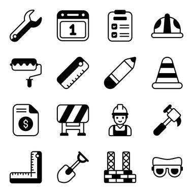 Uluslararası İşçi Bayramı ve Endüstri araç simgesi seti. Düz vektör tasarımı.