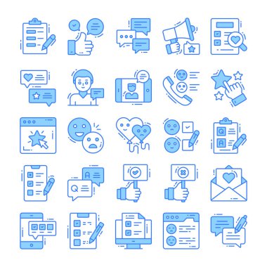 Geribildirim simgeleri ayarlandı, Modern grafik tasarım kavramları, ikonu yorum, gözden geçirme, anket, memnuniyet, rapor, veri ve daha fazlası olarak dahil etti.