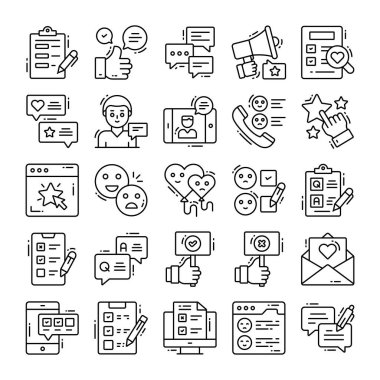 Geribildirim simgeleri ayarlandı, Modern grafik tasarım kavramları, ikonu yorum, gözden geçirme, anket, memnuniyet, rapor, veri ve daha fazlası olarak dahil etti.