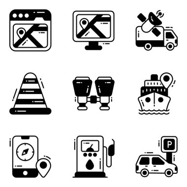 Harita ve konum belirleyici simgesi., Yol trafik işareti seti, konum kodu, yön bulma simgeleri