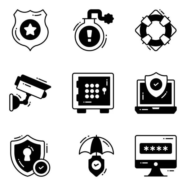 Protección Seguridad Vectorial Glifo Iconos Conjunto Red Informática Cibernética Negocio — Vector de stock