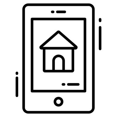 Emlak uygulamasının moda simgesi, beyaz arka planda izole edilmiş çizgi tarzı. Web sitenizin tasarımı için sembol, logo, uygulama, UI.