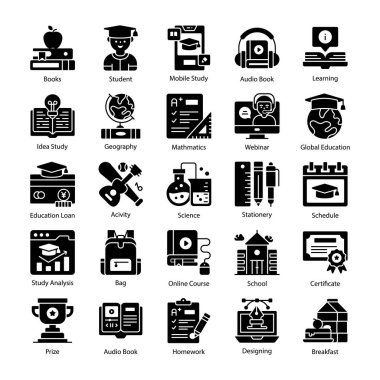 Mobil kavramlar ve web uygulamaları için elementleri olan düz vektör tasarım eğitimi, okul ve üniversite seti. modern biçim vektör illüstrasyonu