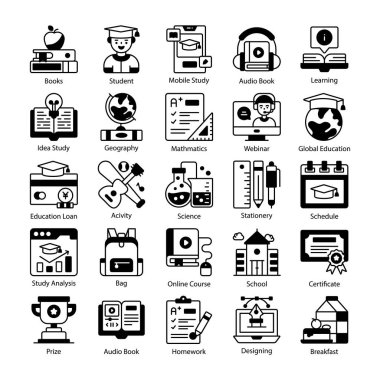 Mobil kavramlar ve web uygulamaları için elementleri olan düz vektör tasarım eğitimi, okul ve üniversite seti. modern biçim vektör illüstrasyonu