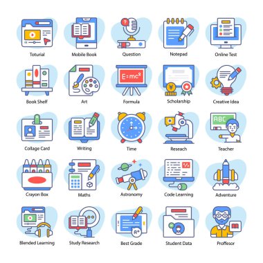 Mobil kavramlar ve web uygulamaları için elementleri olan düz vektör tasarım eğitimi, okul ve üniversite seti. modern biçim vektör illüstrasyonu