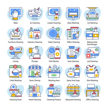 Dezenfeksiyon ve temizlik ikonları ayarlandı. Hijyen, dezenfeksiyon, temizlik, çamaşır, modern tarz vektör çizimi gibi koleksiyon temizleme simgeleri