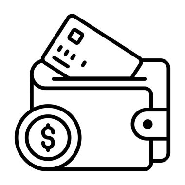 İçinde para ve kredi kartı olan cüzdan, kaliteli vektör çizimi konsepti. satır simgesi.