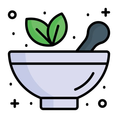 Bitkisel ilaçları simgeleyen bitkisel yapraklarla havan topu tokmağı.