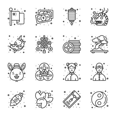 Çin 'in yeni yılı ve kültür simgeleri modern tasarım tarzında, kullanımı kolay ve düzenlenebilir vektörler şeklinde ayarlandı