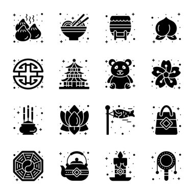 Çin 'in yeni yılı ve kültür simgeleri modern tasarım tarzında, kullanımı kolay ve düzenlenebilir vektörler şeklinde ayarlandı