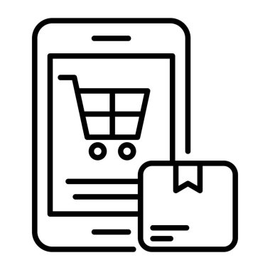 Hand cart inside mobile with parcel icon of online delivery order