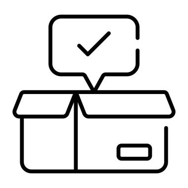 Package with checkmark chat bubble, verified parcel concept