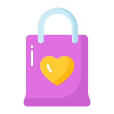 Heart symbol on shopping bag, vector icon of gift bag