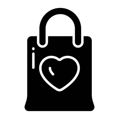 Heart symbol on shopping bag, vector icon of gift bag