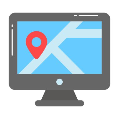 Monitörün içindeki konum iğnesi, çevrimiçi konumun vektör tasarımı trend biçimi