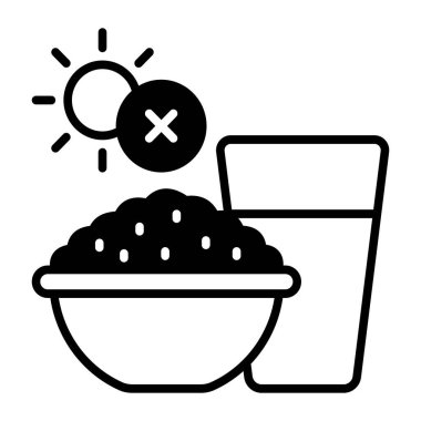 Bir bardak su ve haç işaretli pirinç kasesi, ramazan orucu simgesi.