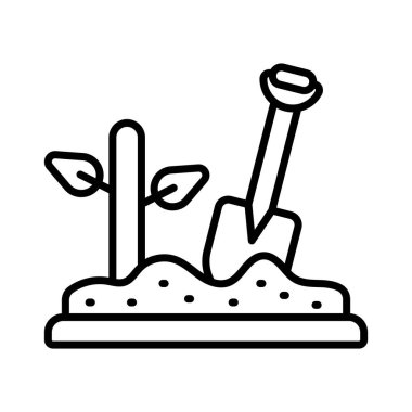 Moda tarzında ekimin bitki ve toprak tasvir vektörlü kürek, premium simgesi