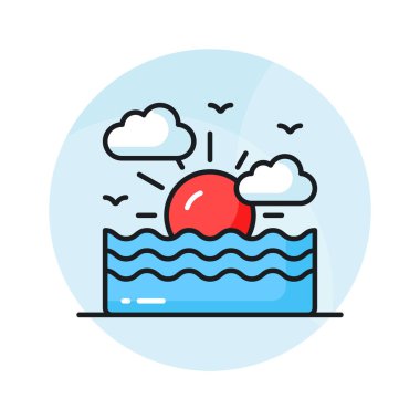 Günbatımının bu yaratıcı tasarım simgesini modern tarzda, premium vektörle yakalayın