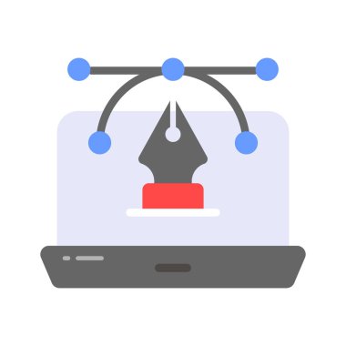 Düz biçimli dijital sanatın konsept simgesini gösteren dizüstü bilgisayarı olan kalem aracı