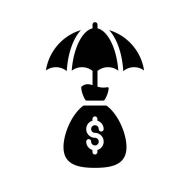 Şemsiye altında para çantası, modern tarzda finansal sigorta ikonu.