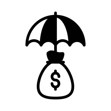 Şemsiye altında para çantası, modern tarzda finansal sigorta ikonu.