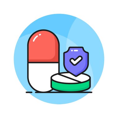 İlaç hapları içeren koruma kalkanı ilaç koruma ikonu, uyuşturucu güvenlik vektörü