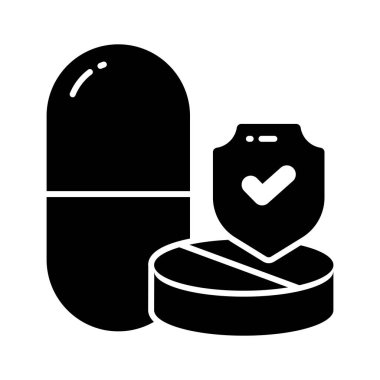 İlaç hapları içeren koruma kalkanı ilaç koruma ikonu, uyuşturucu güvenlik vektörü