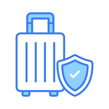 Çantanın üzerindeki güvenlik kalkanı bagaj güvenliği vektörünü, bagaj sigortası simgesini gösteriyor