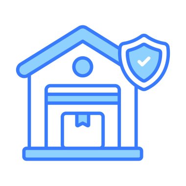 Koruma kalkanı olan bir depo binası, iyi tasarlanmış depo sigortası ikonu, depo güvenliği.