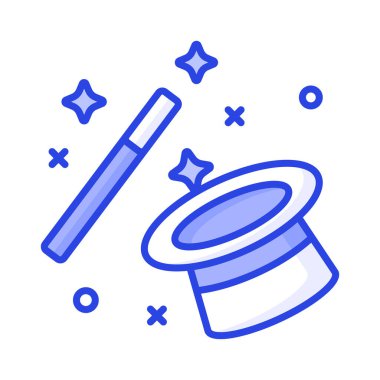 Sihirli şapkanın konsept simgesini gösteren şapka ve değnek, sihirbaz şapkasının bu premium simgesini indirin