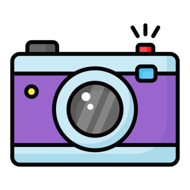 Fotoğraf makinesi lensli ve konsept fotoğrafçılık simgesini moda tarzında gösteren düğmeli fotoğraf makinesi