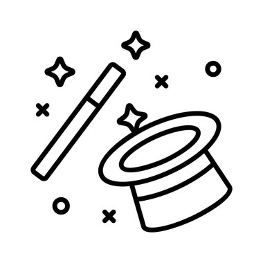 Sihirli şapkanın konsept simgesini gösteren şapka ve değnek, sihirbaz şapkasının bu premium simgesini indirin