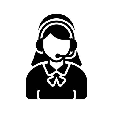 Mikrofon görünümlü çağrı merkezi simgesi olan kulaklık takan kadın avatar